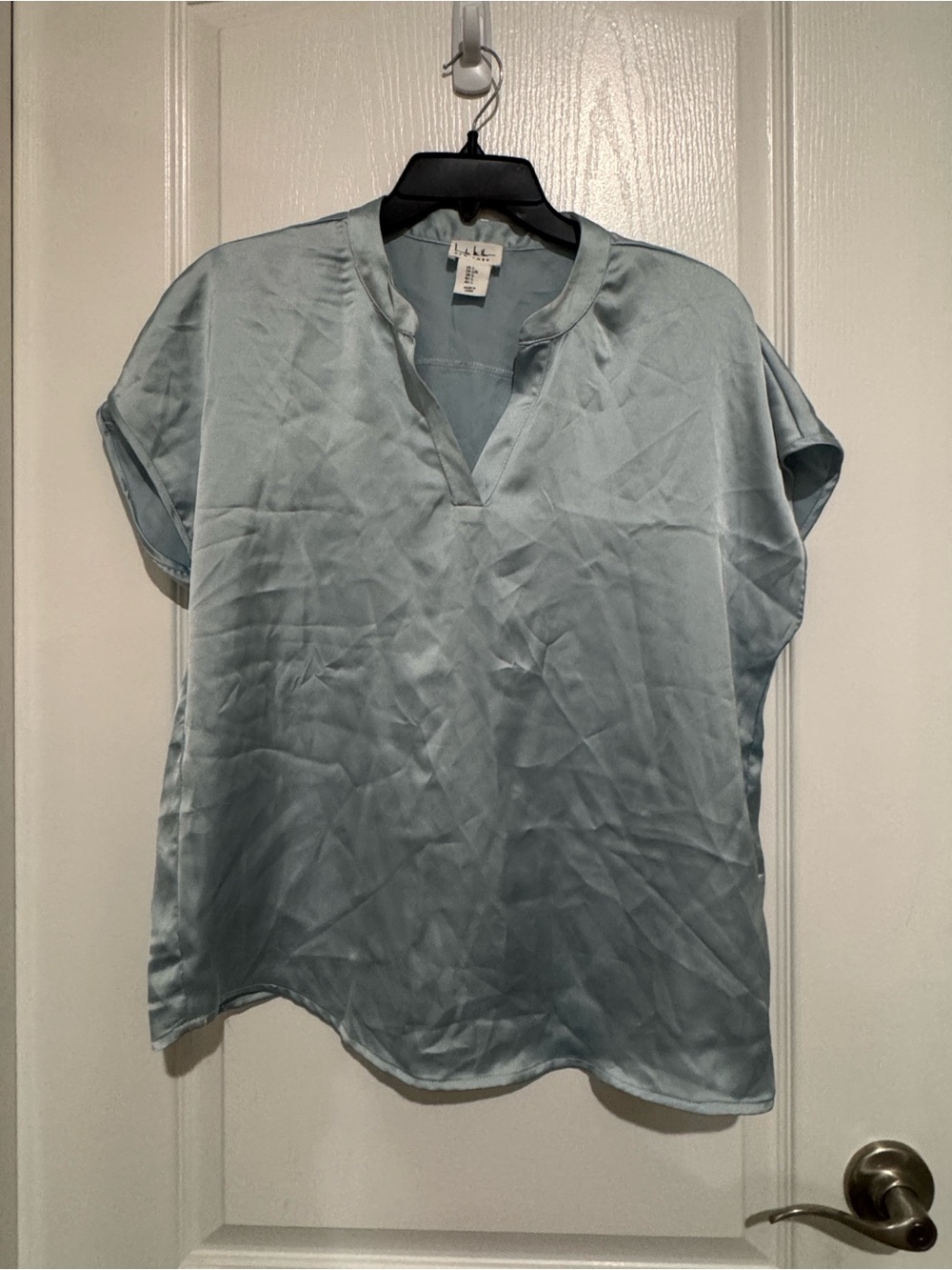 Nicole Miller Pale Blue Satin V-Neck Blouse